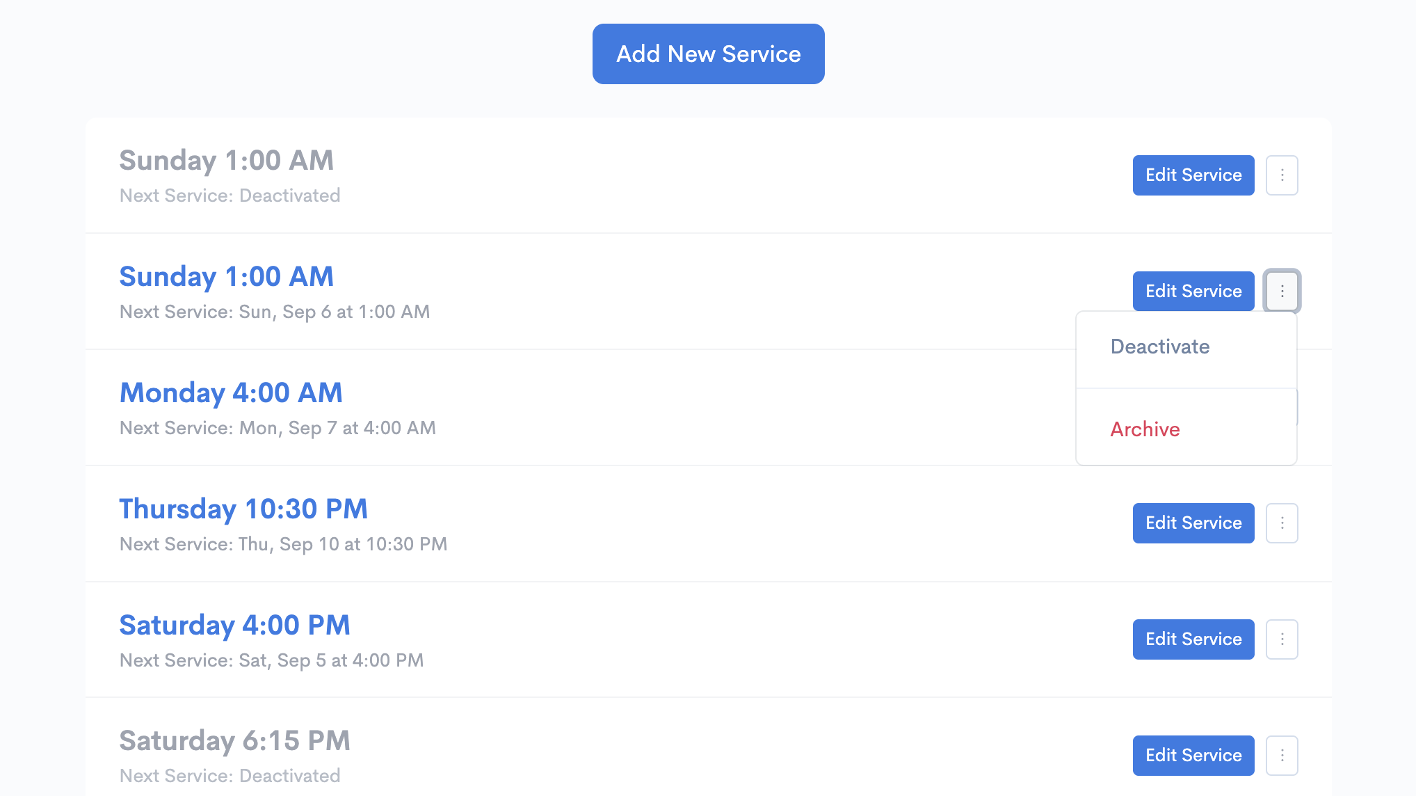 Deactivate or archive service times